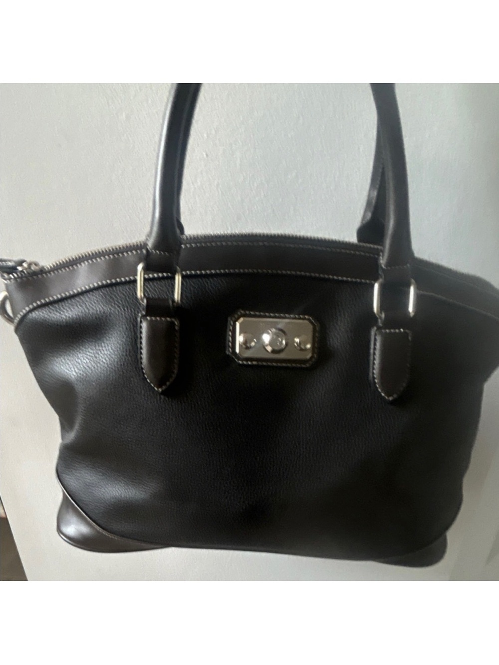 London Fog Black Pebbled Satchel Silver Hardware Double Handles Zip Closure - Picture 4 of 9